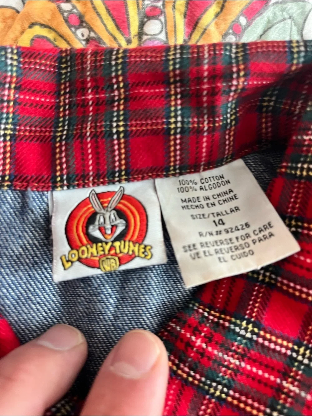 Vintage 1997 90’s Tweedy Bird Denim Jacket youth kids Size 14 Red Plaid Heart